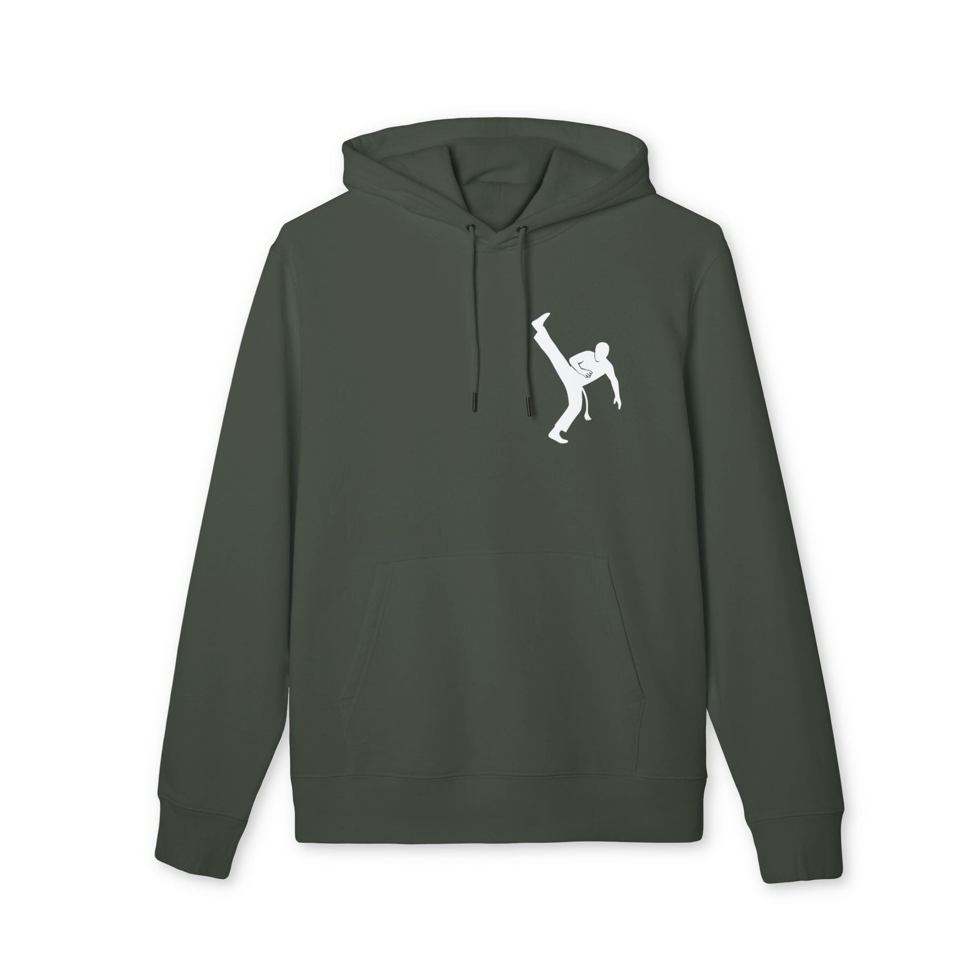 Alt Tag: Capoeria Kick 100% Organic Cotton Hoodie in dark green with hood and drawstrings, featuring white capoeira kick silhouette graphic