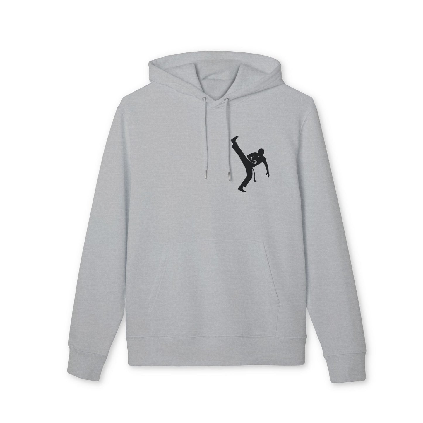 Alt Tag: Capoeria Kick 100% Organic Cotton Hoodie in light gray with capoeira kick silhouette graphic on chest