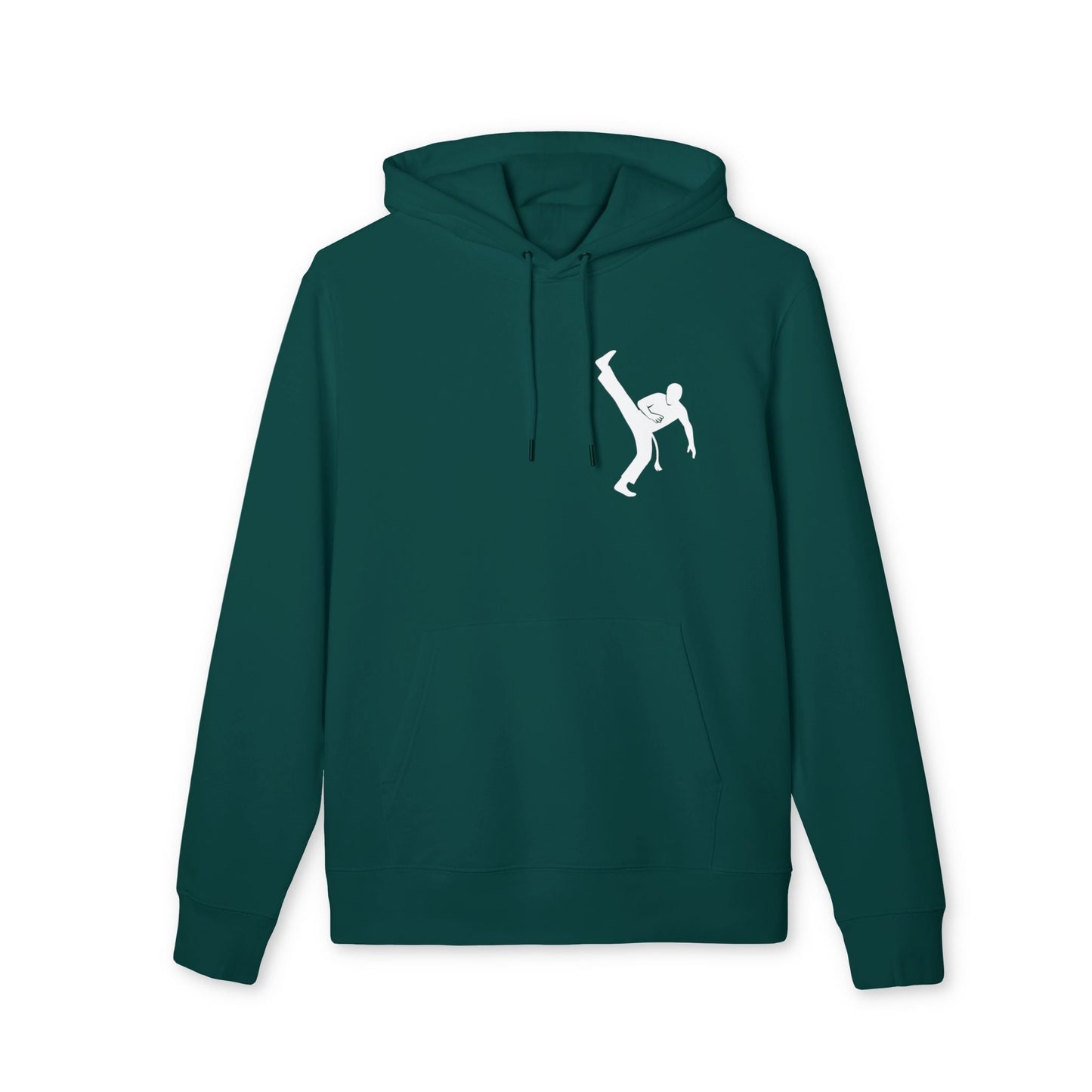 Alt Tag: Capoeria Kick 100% Organic Cotton Hoodie green pullover with hood and white capoeira kick silhouette graphic