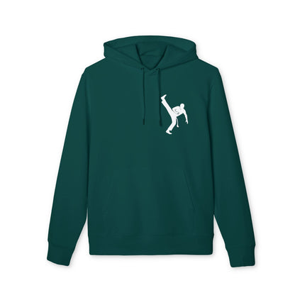 Alt Tag: Capoeria Kick 100% Organic Cotton Hoodie green pullover with hood and white capoeira kick silhouette graphic