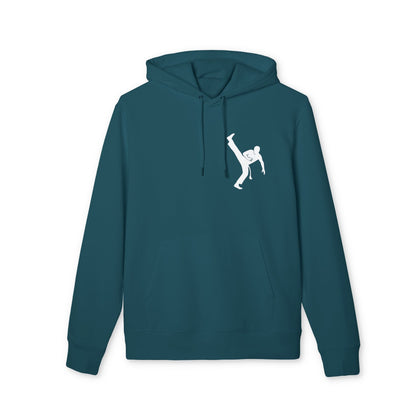 Alt Tag: Capoeria Kick 100% Organic Cotton Hoodie teal pullover with hood and white capoeira kick silhouette graphic