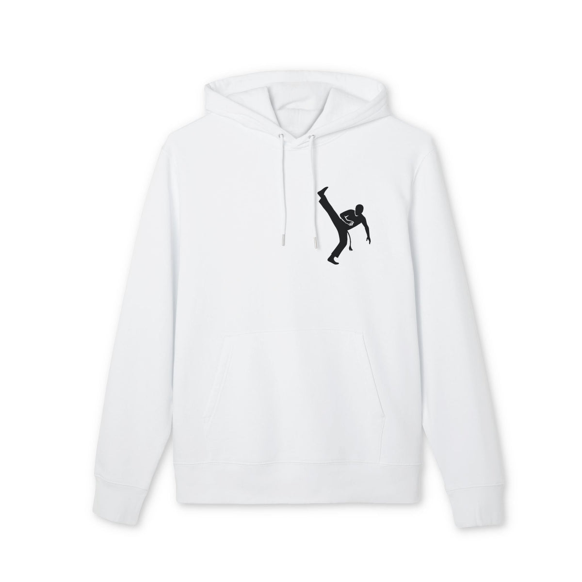 Alt Tag: Capoeria Kick 100% Organic Cotton Hoodie blanco con capucha y cordones, gráfico negro de patada de capoeira en el pecho