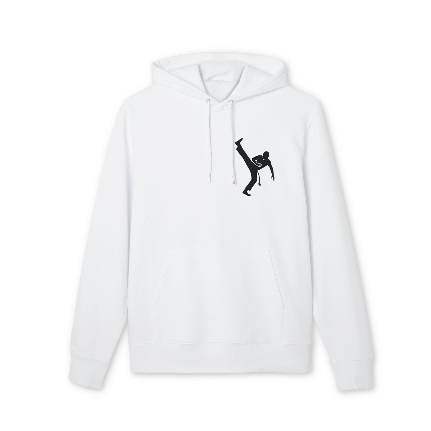 Alt Tag: Capoeria Kick 100% Organic Cotton Hoodie blanco con capucha y cordones, gráfico negro de patada de capoeira en el pecho