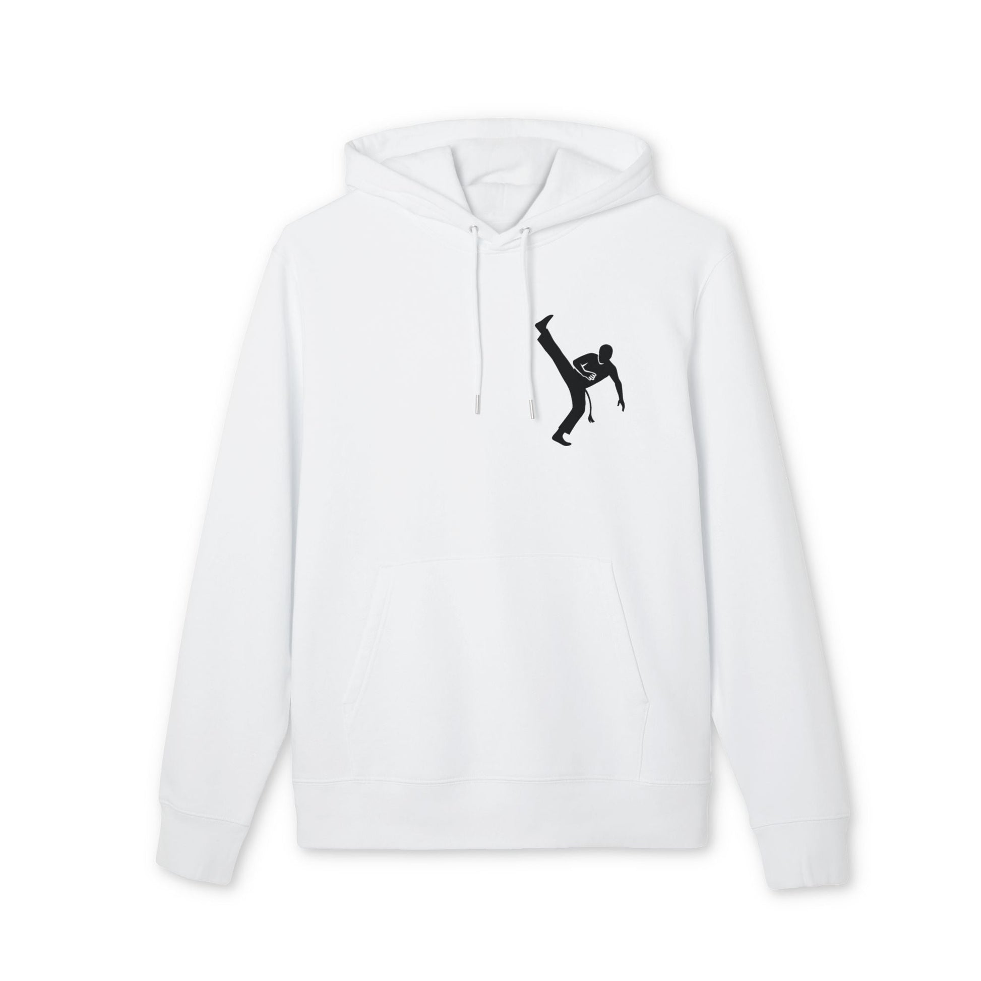 Alt Tag: Capoeria Kick 100% Organic Cotton Hoodie blanco con capucha y cordones, gráfico negro de patada de capoeira en el pecho