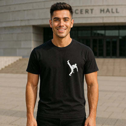 Capoeira Kick 100% Organic Cotton T-Shirt black tee with white capoeira kick graphic, worn by model outdoors