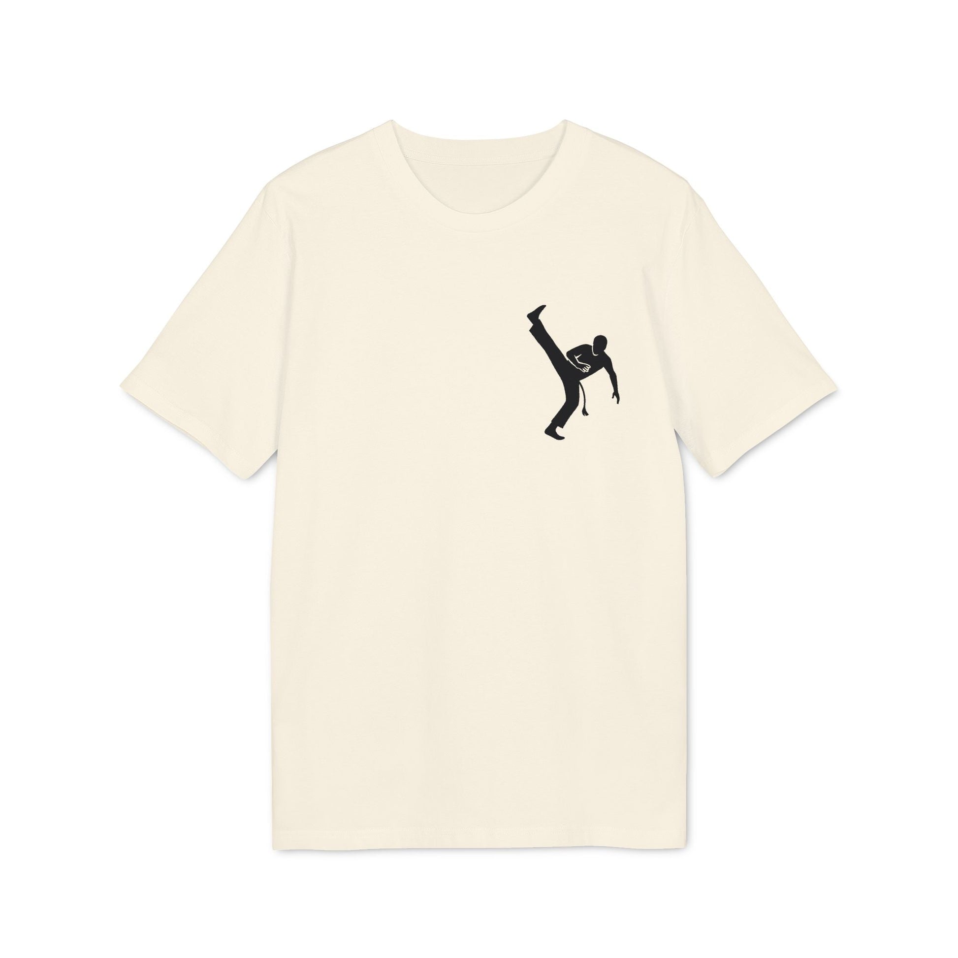 Alt Tag: Capoeira Kick 100% Organic Cotton T-Shirt in cream with black capoeira kicking silhouette graphic on chest