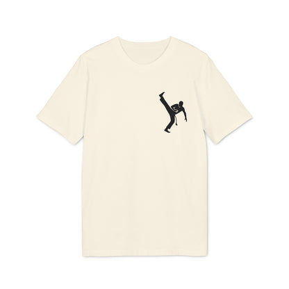 Alt Tag: Capoeira Kick 100% Organic Cotton T-Shirt in cream with black capoeira kicking silhouette graphic on chest