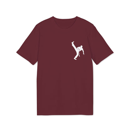 Capoeira Kick 100% Organic Cotton T-Shirt in burgundy with white capoeira kick silhouette graphic