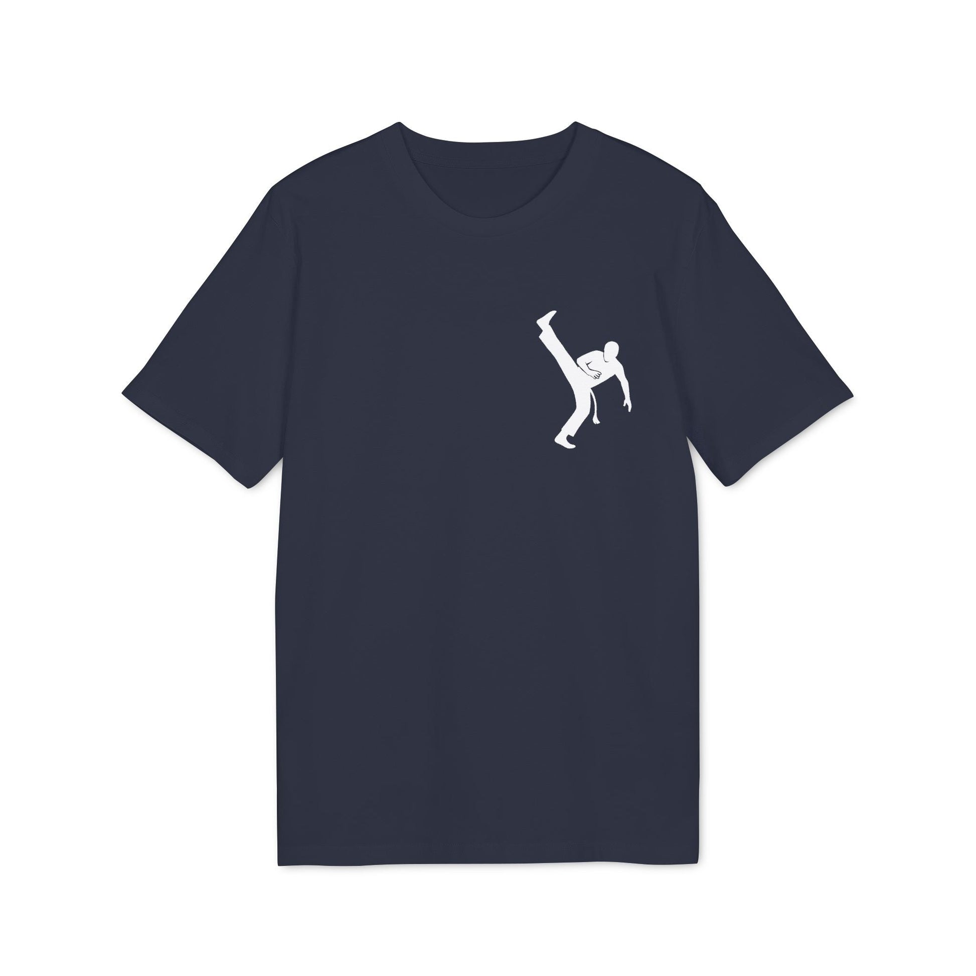 Alt Tag: Capoeira Kick 100% Organic Cotton T-Shirt navy with white capoeira kick graphic, short-sleeve crewneck tee
