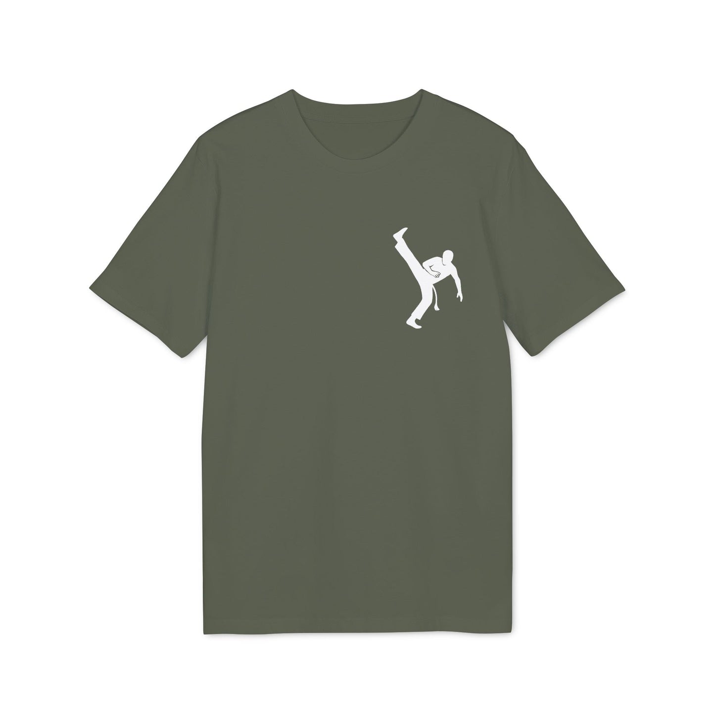 Alt Tag: Capoeira Kick 100% Organic Cotton T-Shirt in olive green with white capoeira kick silhouette graphic