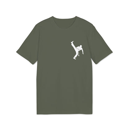 Alt Tag: Capoeira Kick 100% Organic Cotton T-Shirt in olive green with white capoeira kick silhouette graphic