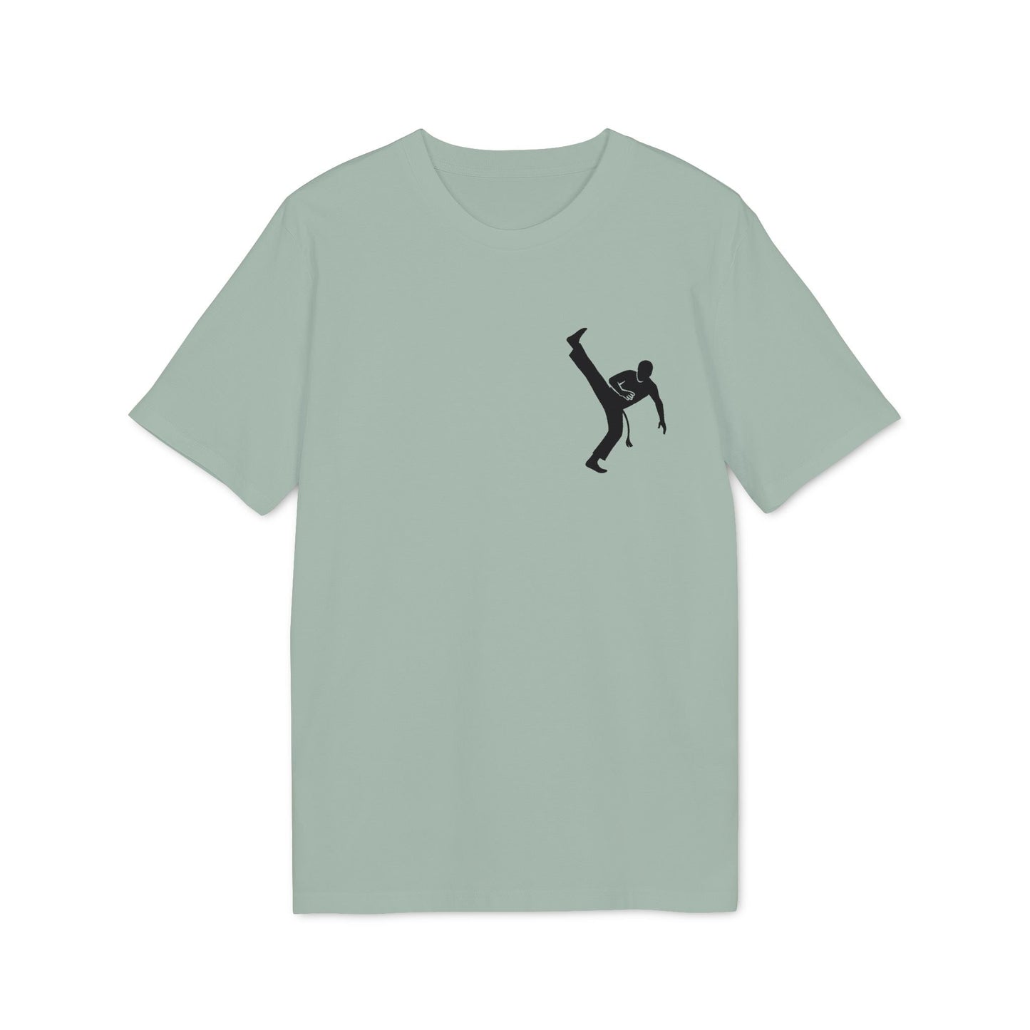 Alt Tag: Capoeira Kick 100% Organic Cotton T-Shirt in sage green with black capoeira kick silhouette graphic on chest