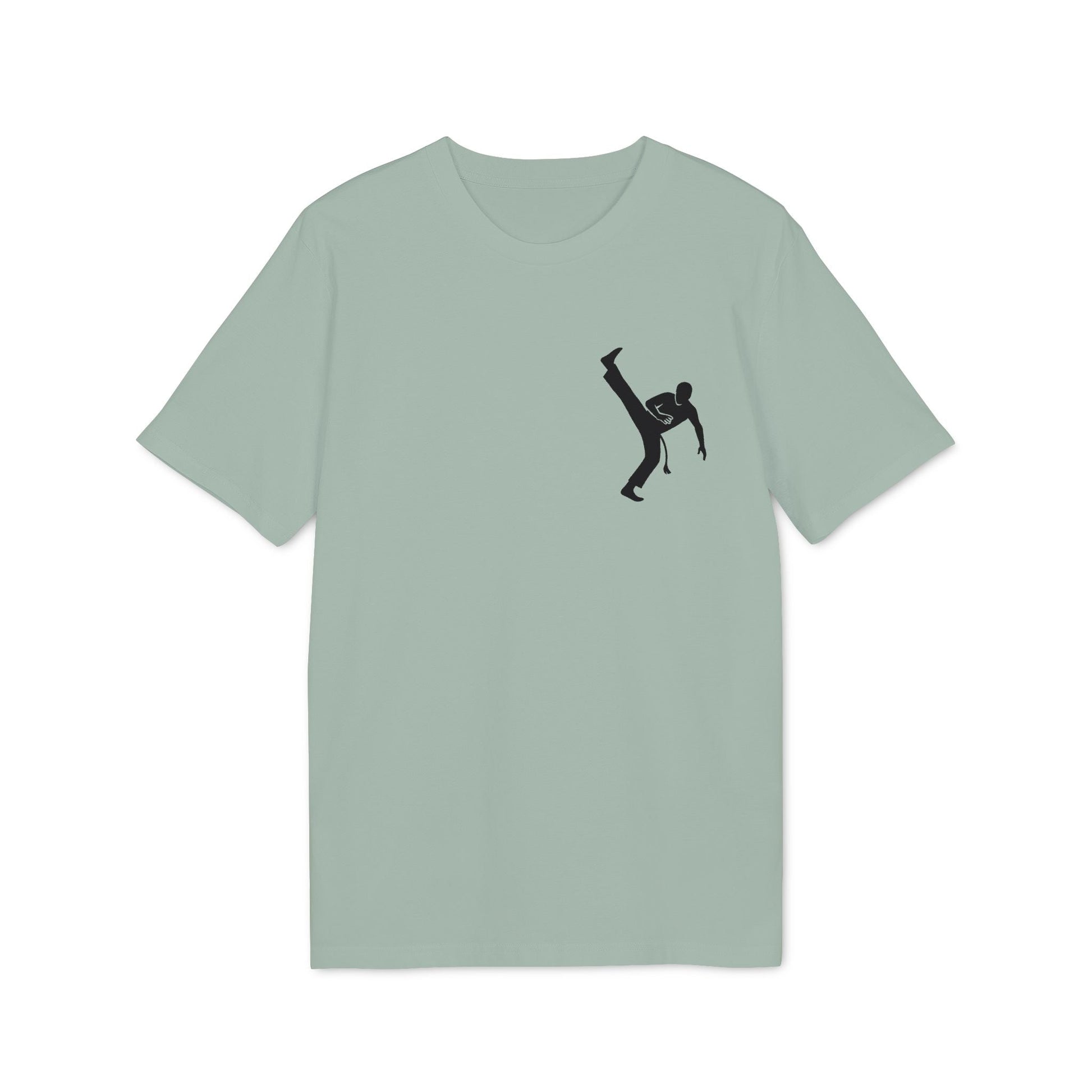 Alt Tag: Capoeira Kick 100% Organic Cotton T-Shirt in sage green with black capoeira kick silhouette graphic on chest