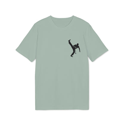 Alt Tag: Capoeira Kick 100% Organic Cotton T-Shirt in sage green with black capoeira kick silhouette graphic on chest