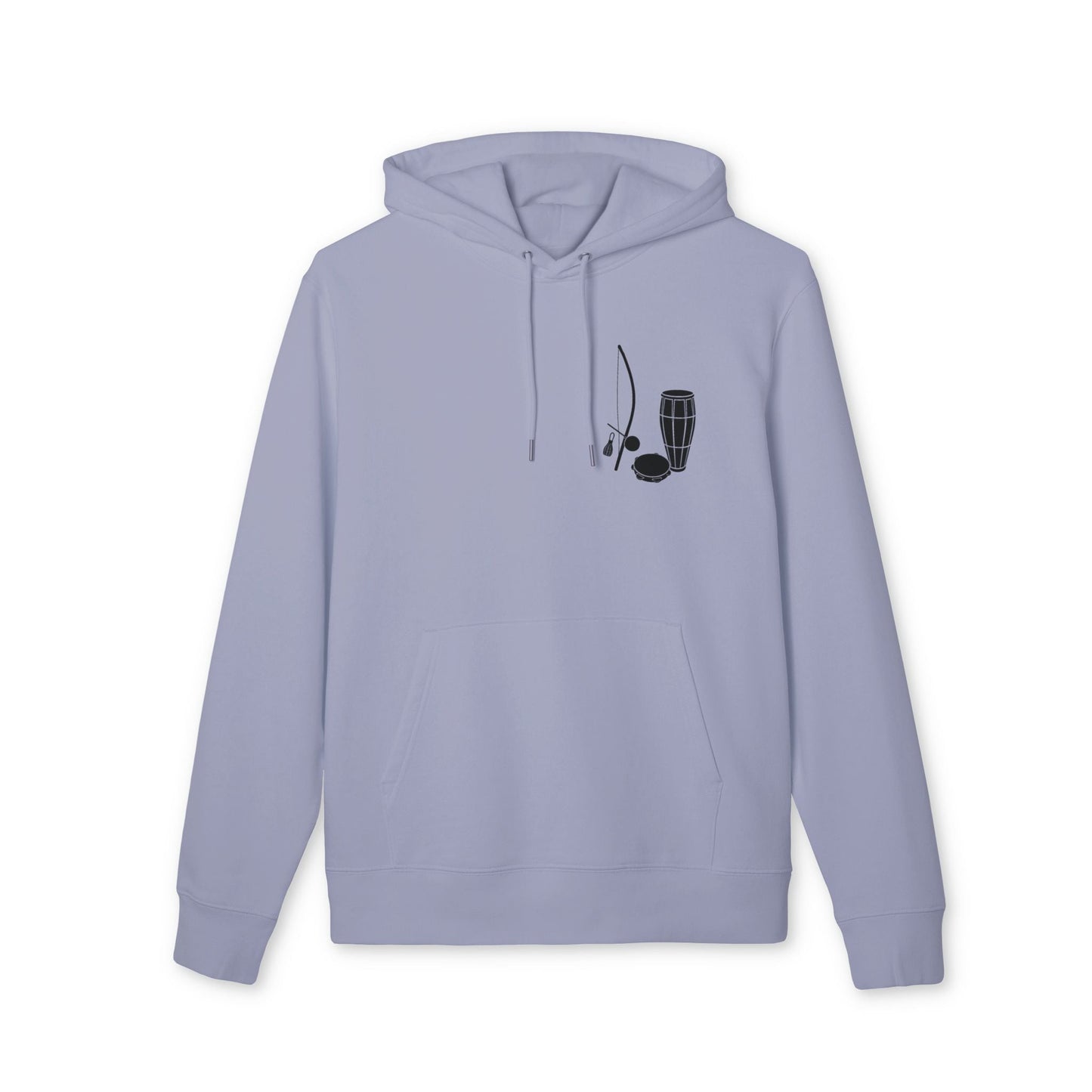 Alt Tag: Capoeira Music Sustainable Unisex Hoodie in light blue with berimbau and drum graphic on chest, organic cotton pullover