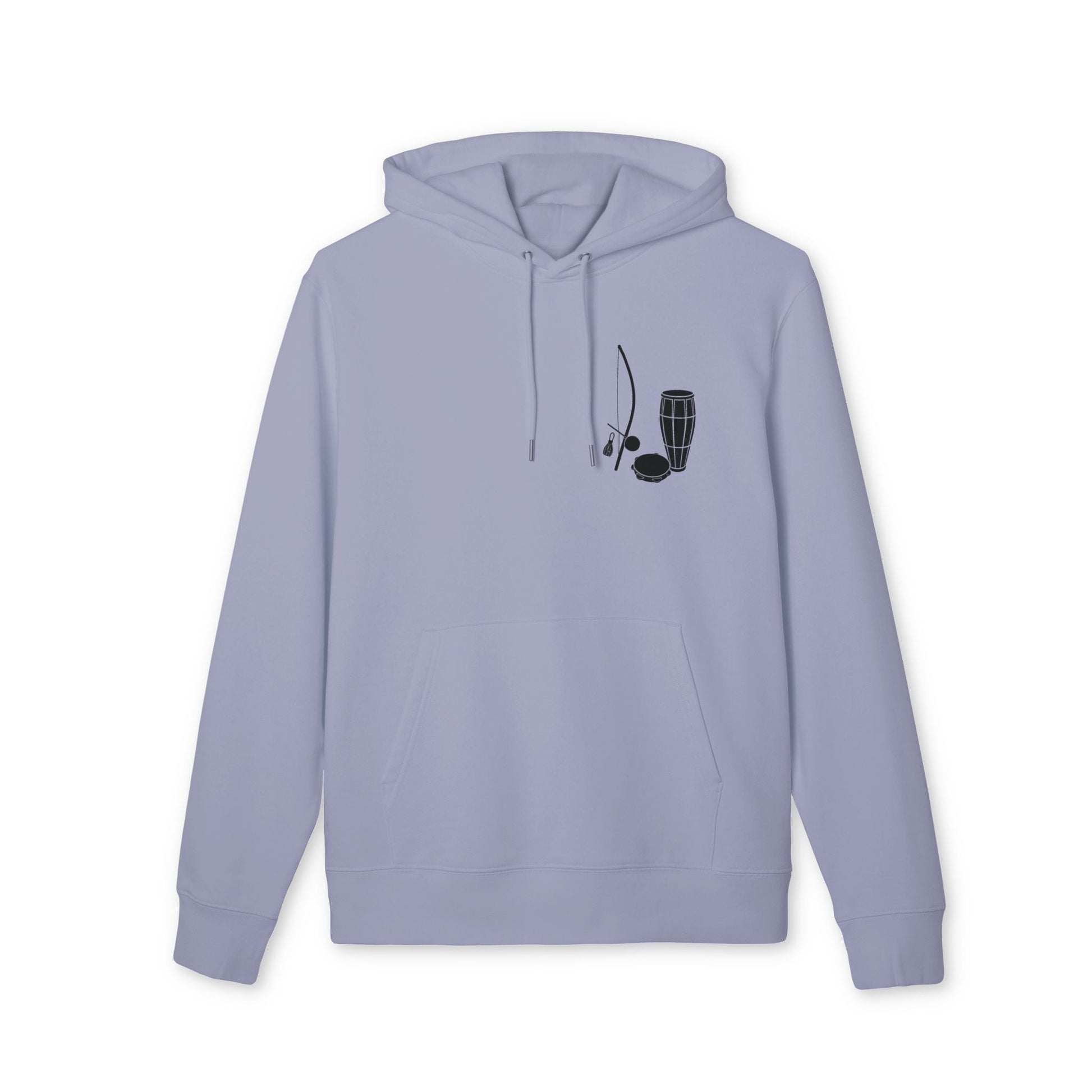 Alt Tag: Capoeira Music Sustainable Unisex Hoodie in light blue with berimbau and drum graphic on chest, organic cotton pullover