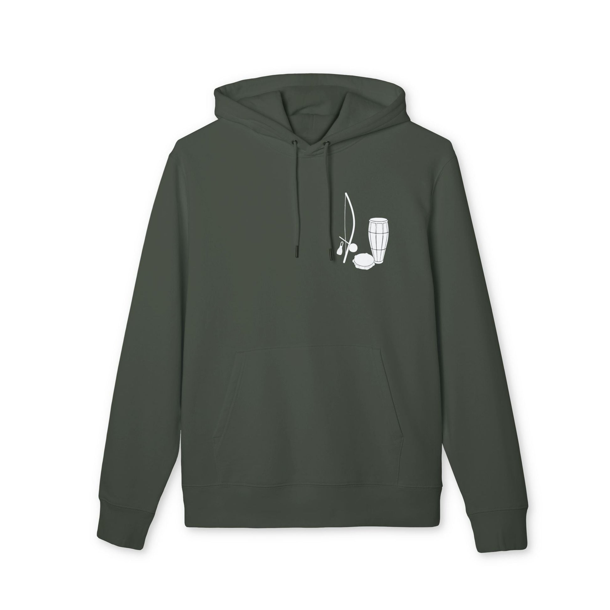 Capoeira Music Sustainable Unisex Hoodie in dark green organic cotton with white berimbau and drum graphic on chest