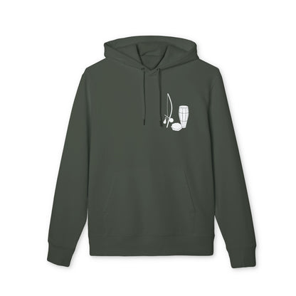 Capoeira Music Sustainable Unisex Hoodie in dark green organic cotton with white berimbau and drum graphic on chest