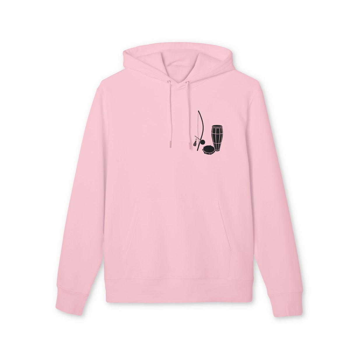 Alt Tag: Capoeira Music Sustainable Unisex Hoodie rosa de algodón orgánico con capucha y diseño minimalista de berimbau y pandeiro