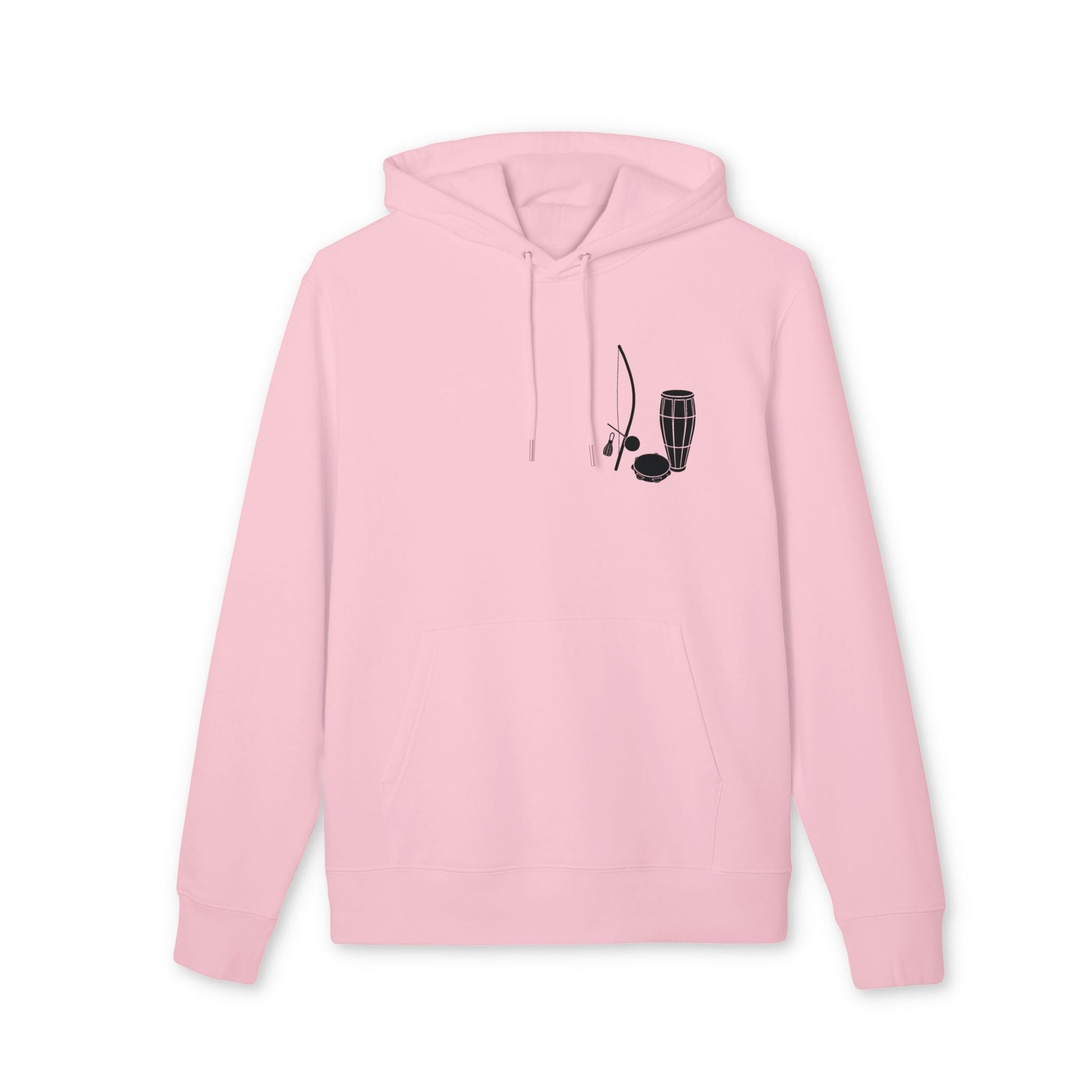 Alt Tag: Capoeira Music Sustainable Unisex Hoodie rosa de algodón orgánico con capucha y diseño minimalista de berimbau y pandeiro
