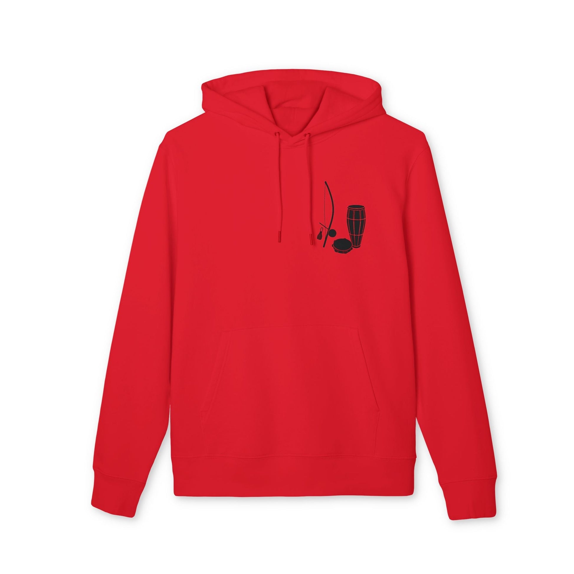 Alt Tag: Capoeira Music Sustainable Unisex Hoodie red organic cotton pullover hoodie with capoeira instruments graphic on chest