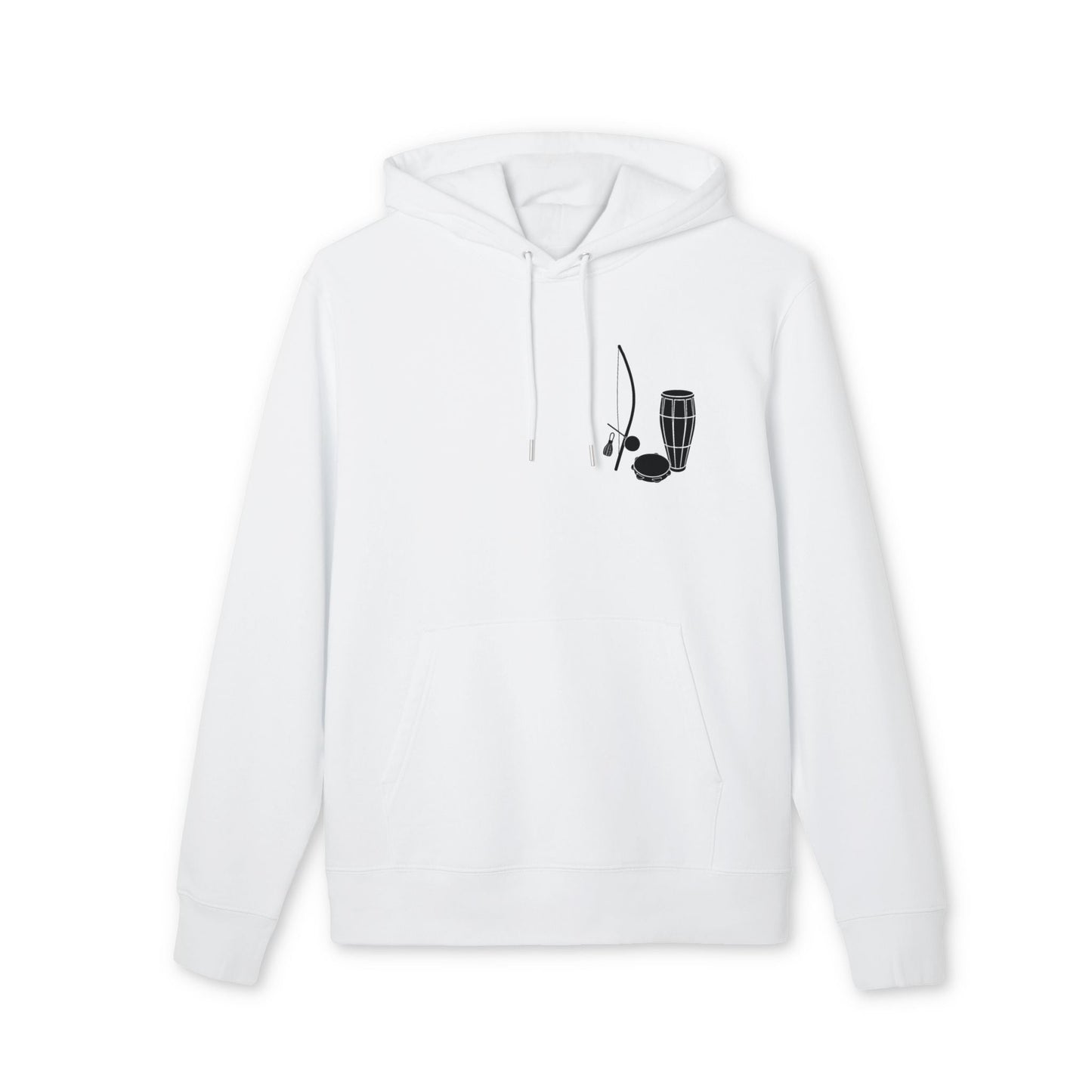 Capoeira Music Sustainable Unisex Hoodie, white organic cotton pullover with hood and black capoeira instruments graphic