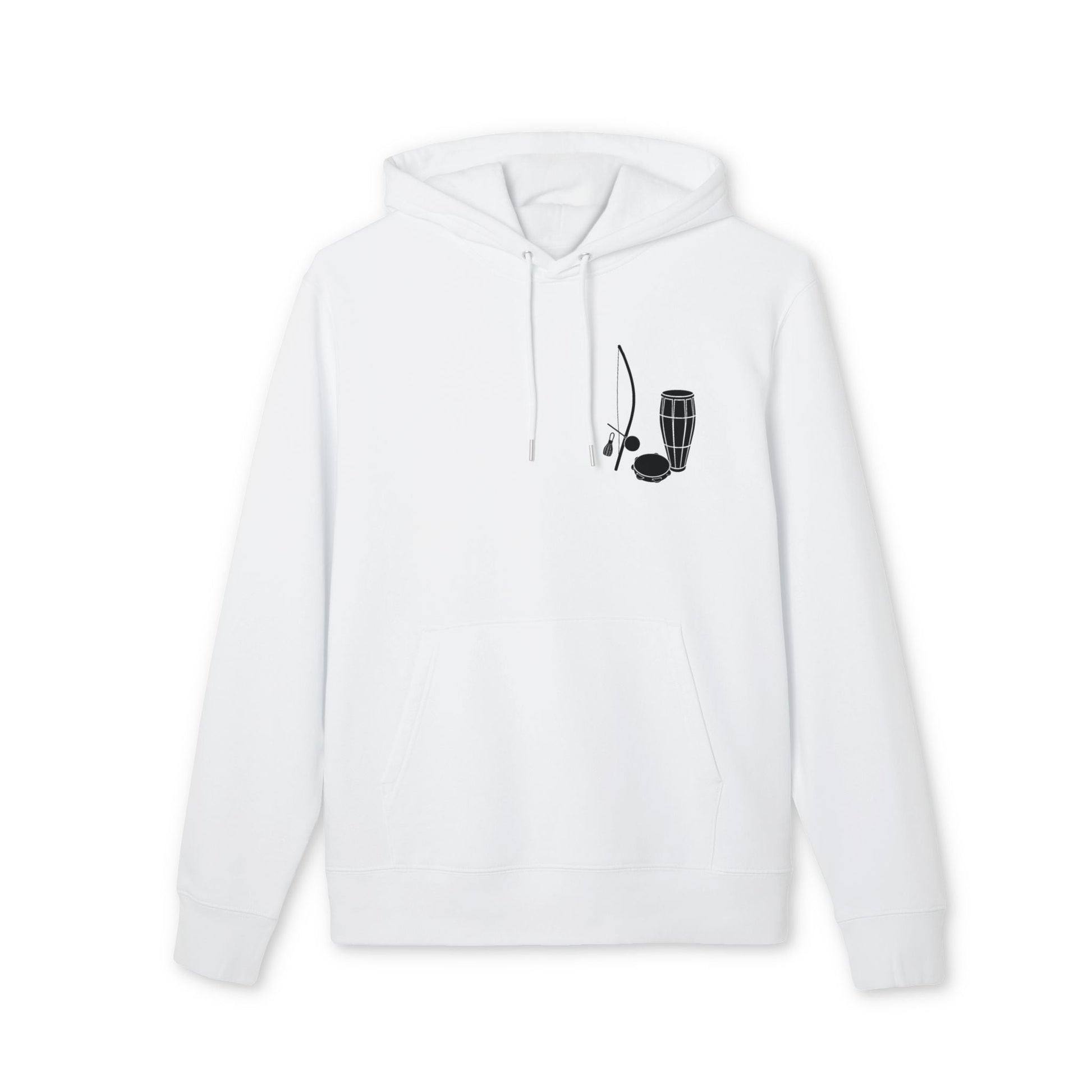 Capoeira Music Sustainable Unisex Hoodie, white organic cotton pullover with hood and black capoeira instruments graphic