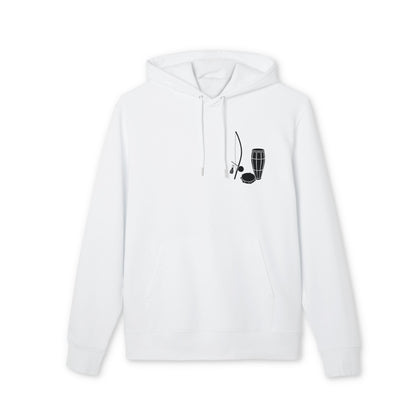 Capoeira Music Sustainable Unisex Hoodie, white organic cotton pullover with hood and black capoeira instruments graphic