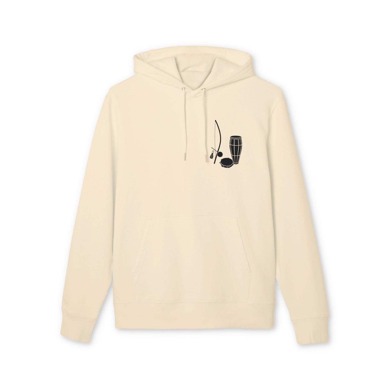 Capoeira Music Sustainable Unisex Hoodie en color crema con capucha y diseño minimalista de instrumentos de capoeira en el pecho