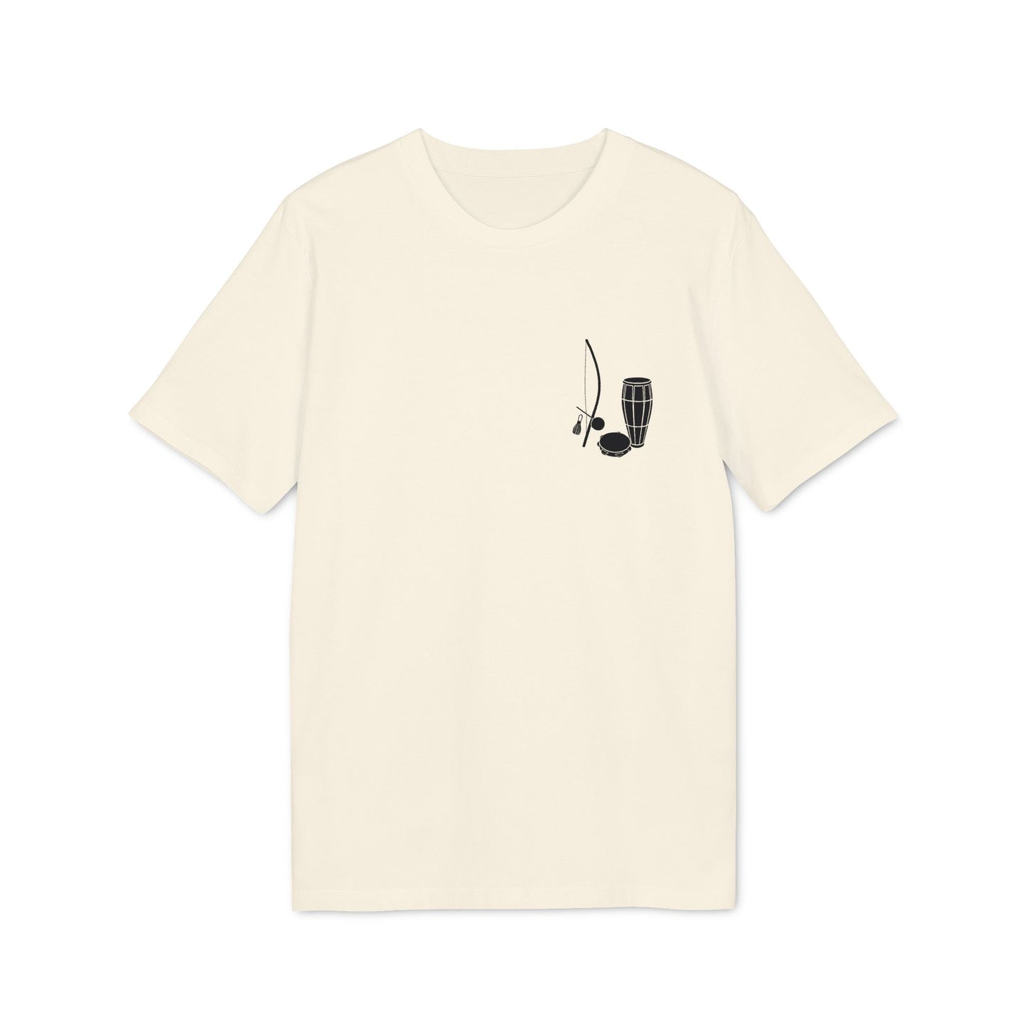 Alt Tag: Capoeira Music Sustainable Unisex Tee cream t-shirt with minimalist berimbau and drum graphic on chest