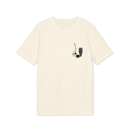 Alt Tag: Capoeira Music Sustainable Unisex Tee cream t-shirt with minimalist berimbau and drum graphic on chest