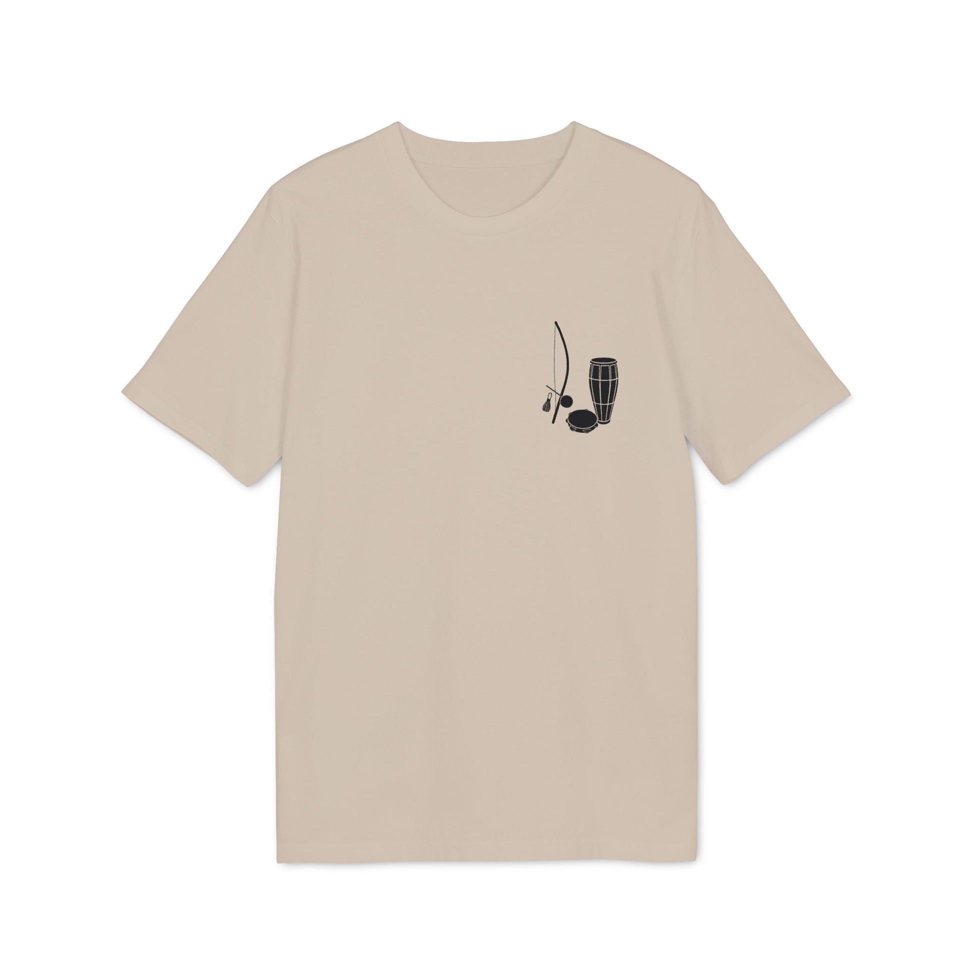Capoeira Music Sustainable Unisex Tee beige crewneck t-shirt with minimalist berimbau and drum graphic on chest