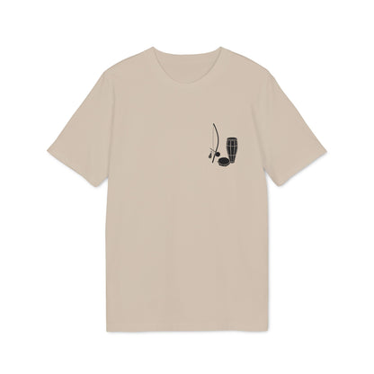 Capoeira Music Sustainable Unisex Tee beige crewneck t-shirt with minimalist berimbau and drum graphic on chest