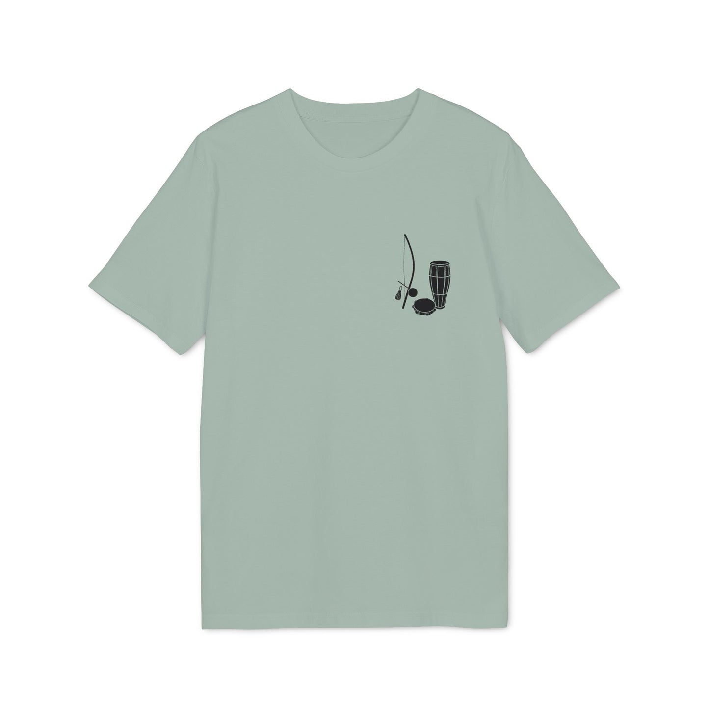 Alt Tag: Capoeira Music Sustainable Unisex Tee in sage green with minimalist berimbau and drum graphic on chest