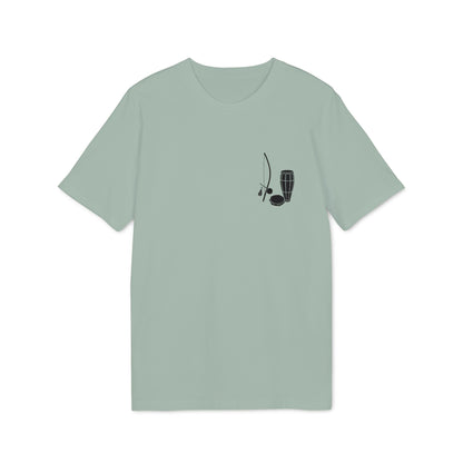 Alt Tag: Capoeira Music Sustainable Unisex Tee in sage green with minimalist berimbau and drum graphic on chest