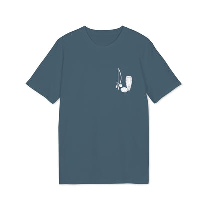 Capoeira Music Sustainable Unisex Tee blue t-shirt with small white berimbau and drum graphic on chest