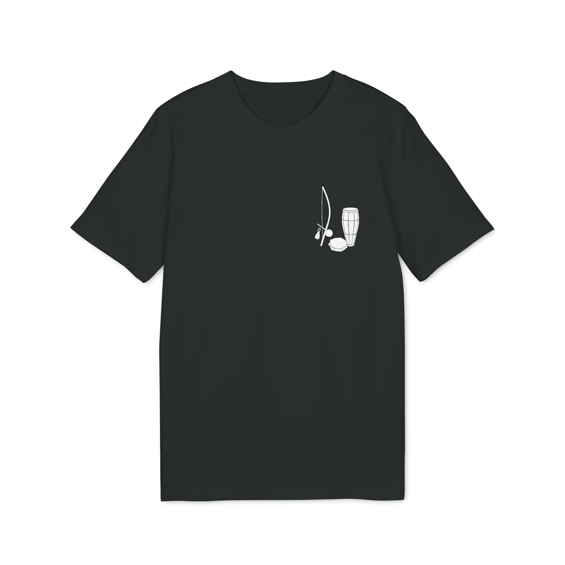 Alt Tag: Capoeira Music Sustainable Unisex Tee camiseta unisex negra con gráfico minimalista de instrumentos de capoeira en el pecho