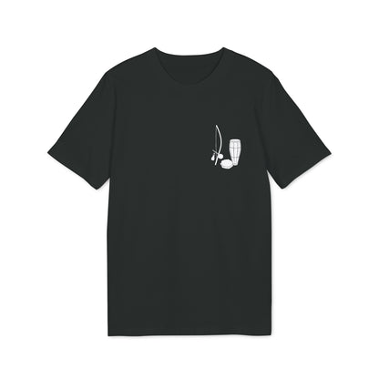 Alt Tag: Capoeira Music Sustainable Unisex Tee camiseta unisex negra con gráfico minimalista de instrumentos de capoeira en el pecho