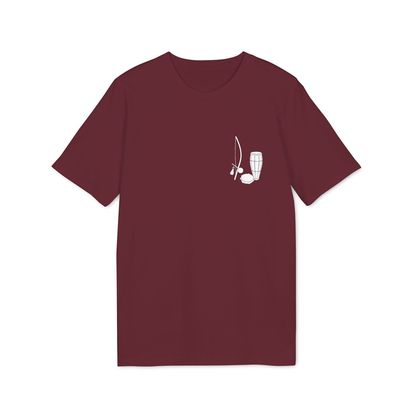 Alt Tag: Capoeira Music Sustainable Unisex Tee maroon t-shirt with small white berimbau and atabaque graphic on chest