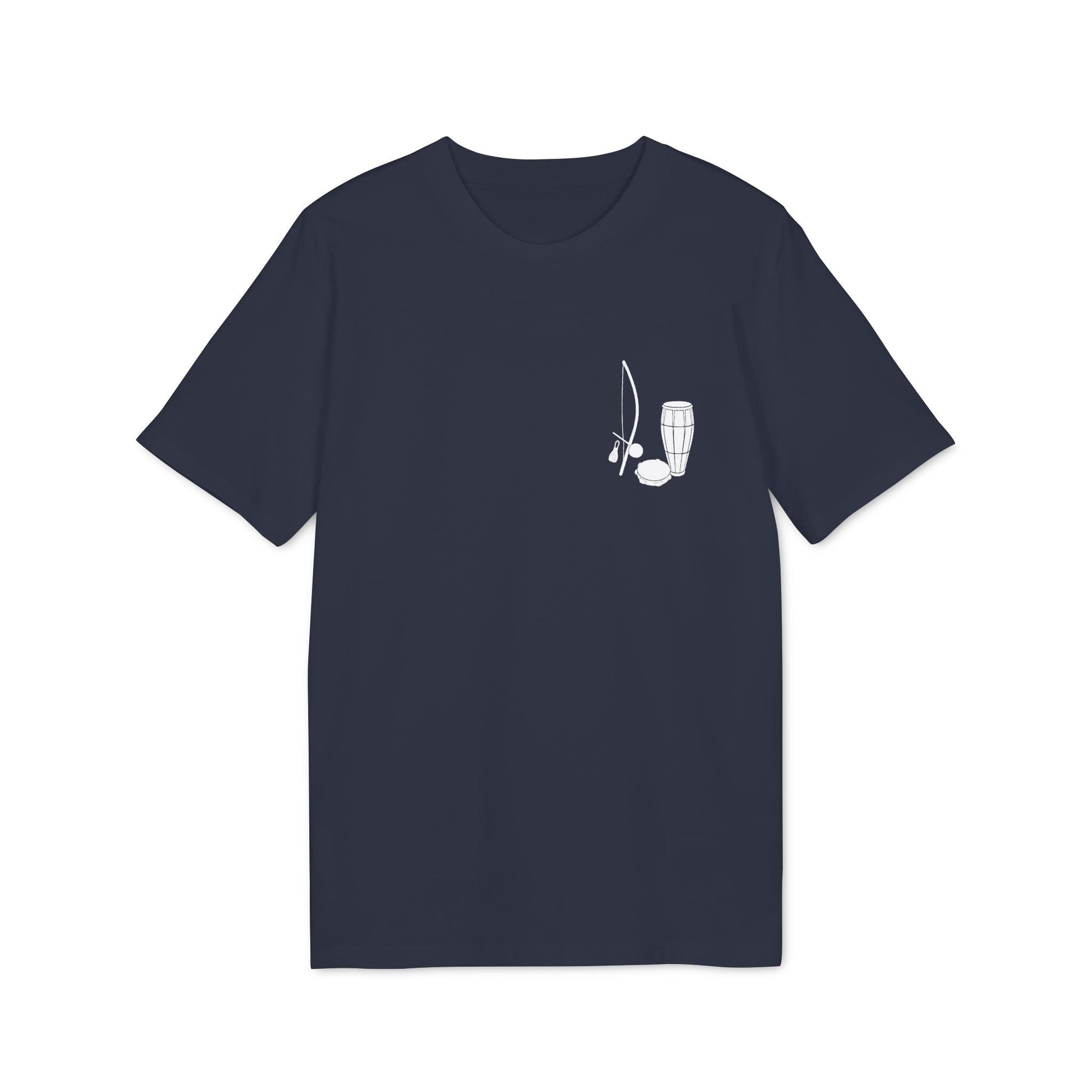 Capoeira Music Sustainable Unisex Tee navy t-shirt with small berimbau and drum graphic on left chest