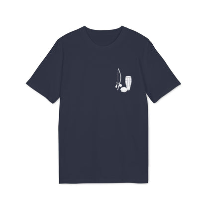 Capoeira Music Sustainable Unisex Tee navy t-shirt with small berimbau and drum graphic on left chest
