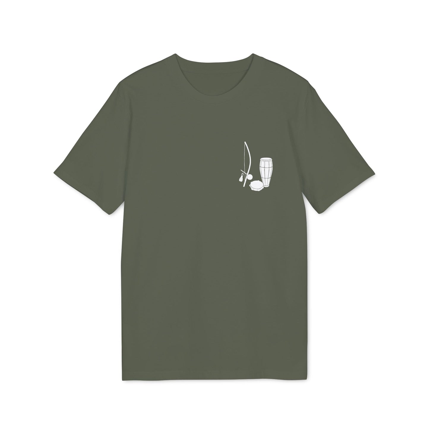 Capoeira Music Sustainable Unisex Tee olive green t-shirt with small white capoeira instruments graphic on chest