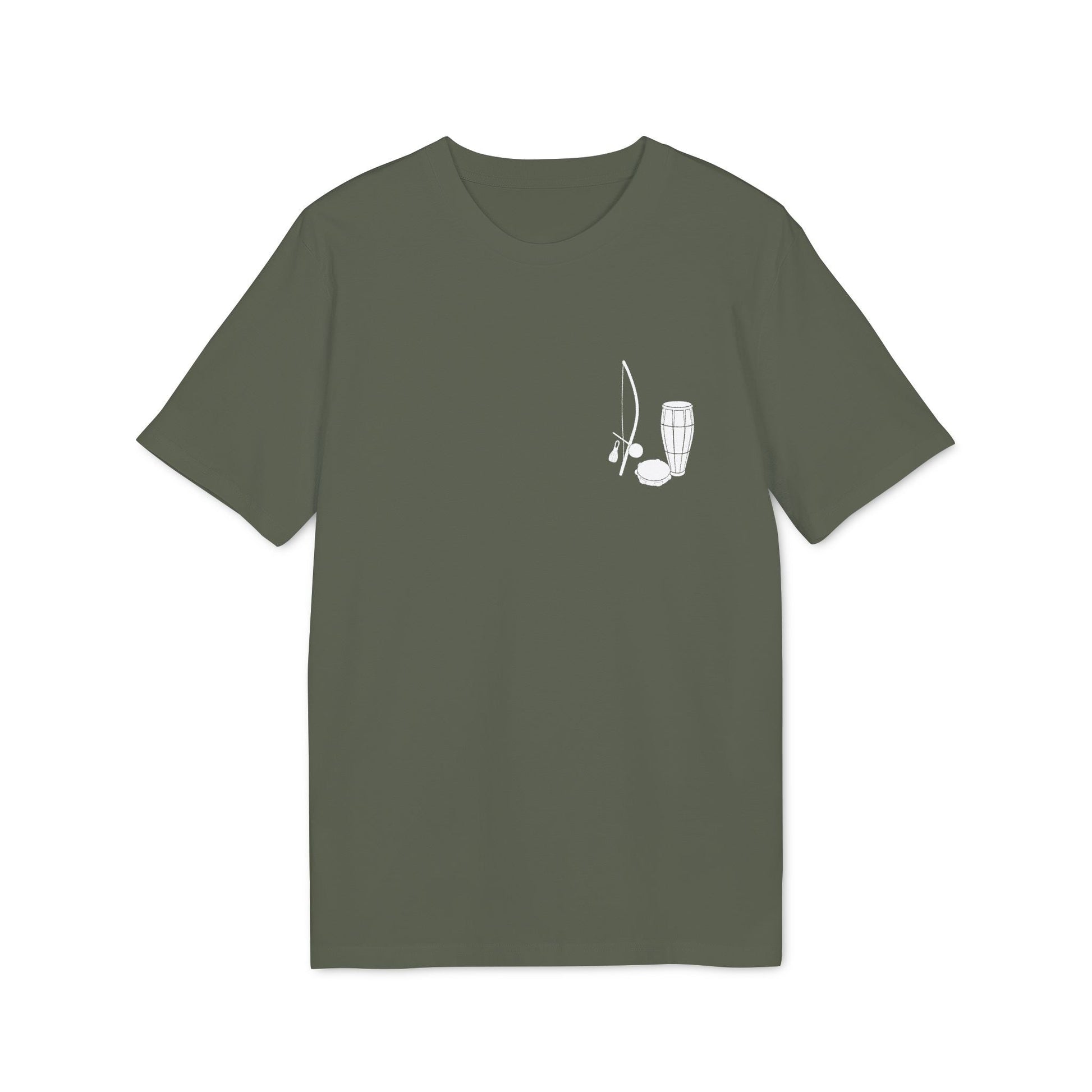 Capoeira Music Sustainable Unisex Tee olive green t-shirt with small white capoeira instruments graphic on chest
