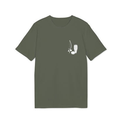 Capoeira Music Sustainable Unisex Tee olive green t-shirt with small white capoeira instruments graphic on chest