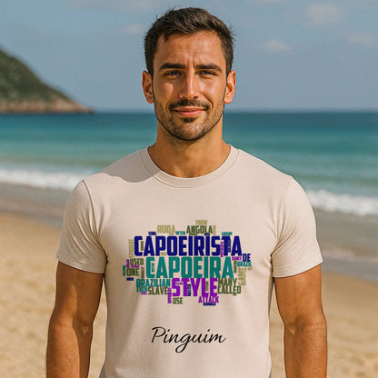Capoeira Personalizado 100% Organic Cotton T-Shirt con estampado de palabras “Capoeira” y nombre “Pinguim”, camiseta beige en modelo