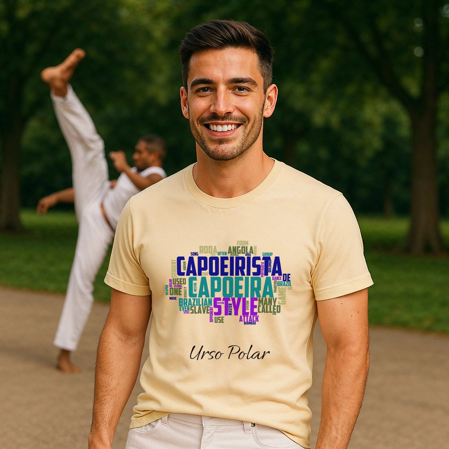 Alt Tag: Capoeira Personalizado 100% Organic Cotton T-Shirt beige, personalized capoeira word art print, man wearing tee outdoors