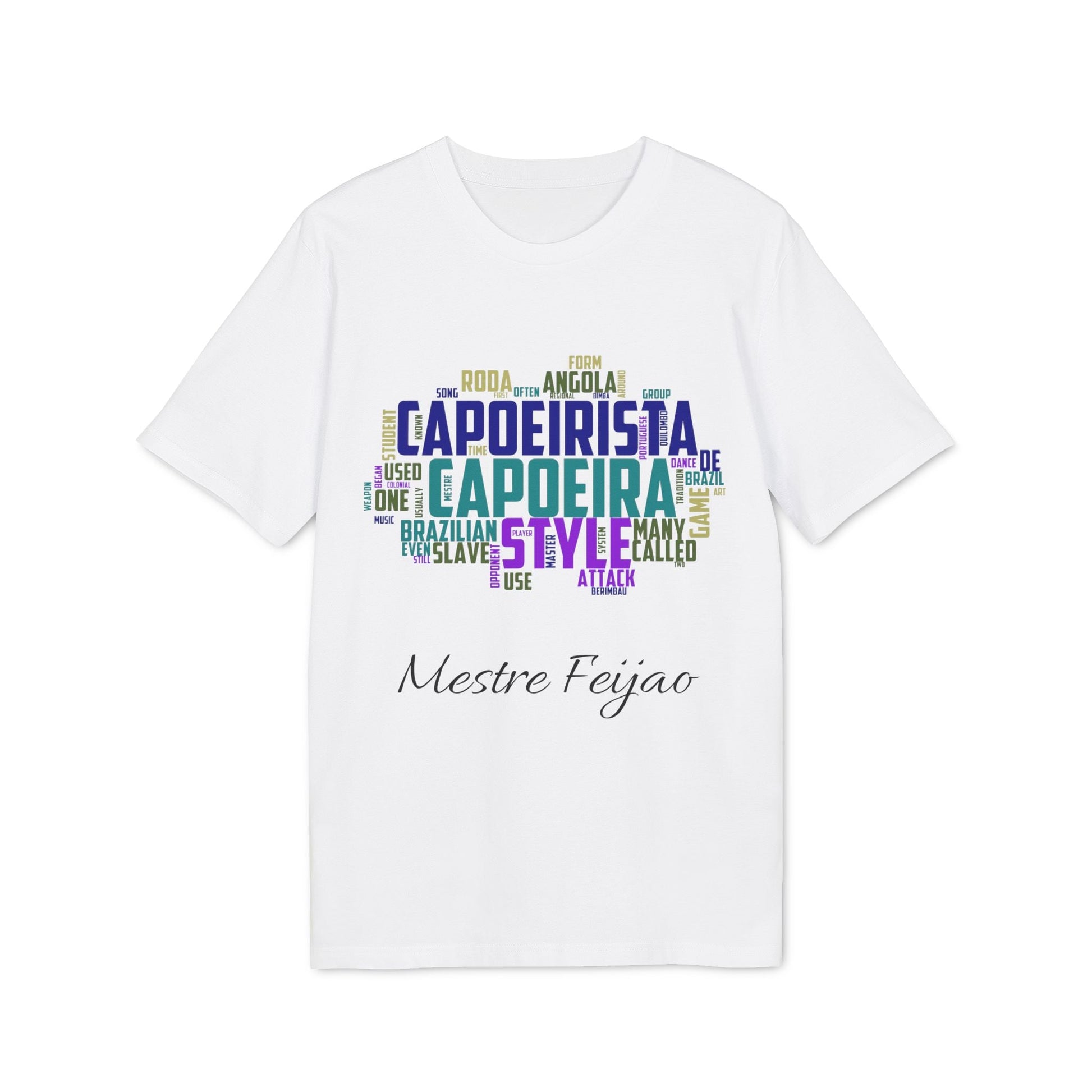 Capoeira Personalizado 100% Organic Cotton T-Shirt blanca con diseño tipográfico “Capoeirista Capoeira Style” y nombre personalizado Mestre Feijao