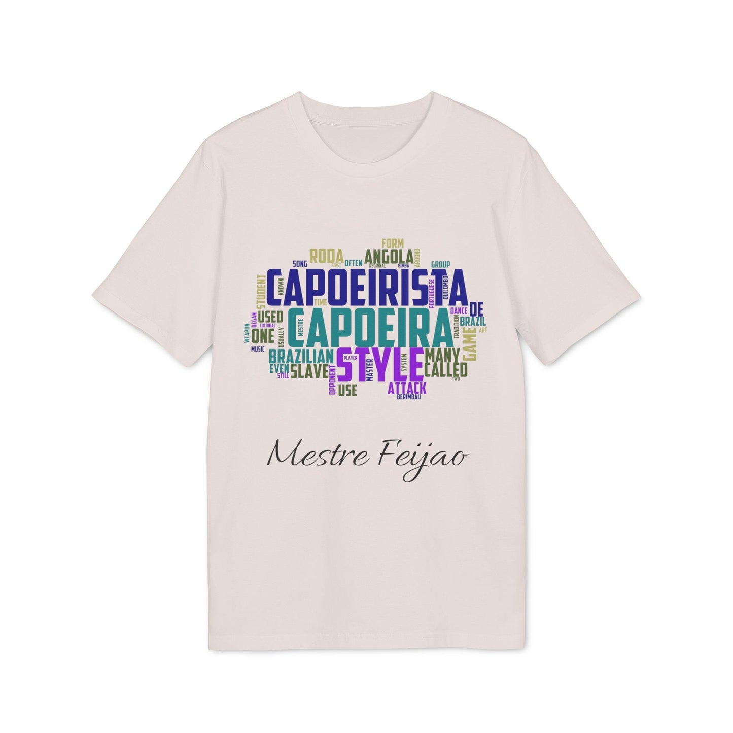 Capoeira Personalizado 100% Organic Cotton T-Shirt beige tee with colorful capoeira word art and custom name “Mestre Feijao”