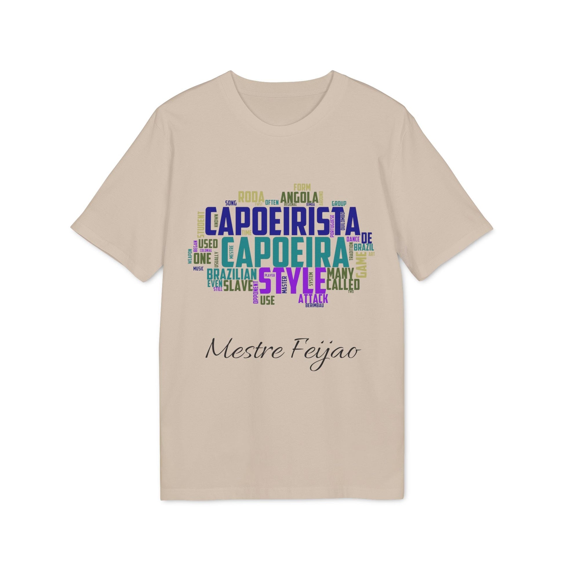 Capoeira Personalizado 100% Organic Cotton T-Shirt beige tee with capoeira word art graphic and "Mestre Feijao" custom name