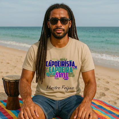 Capoeira Personalizado 100% Organic Cotton T-Shirt beige with capoeira word art print, worn by man on beach, Mestre Feijão text